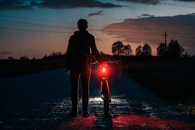 Person standing by a bicycle with a rear red light and looking ahead over the road at dusk