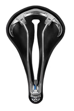 Underside of the R2 saddle by Selle Anatomica, showing off the lightweight stainless frame, screws for adding tension to the rubber top, and slot for greater flexibility and comfort