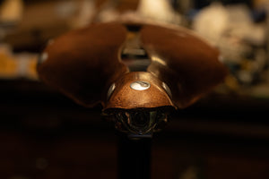 Close up of the nose of a Selle Anatomica leather bike saddle