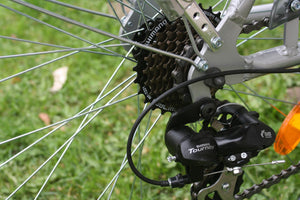 Close-up of a Shimano rear bike derailleur and gear cassette