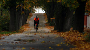 Man cycling on a tree-lined street in autumn