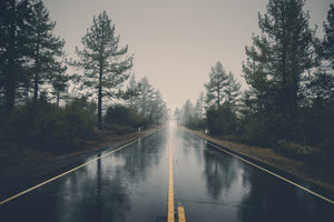 Wet pavement under a cloudy sky on a remote county road