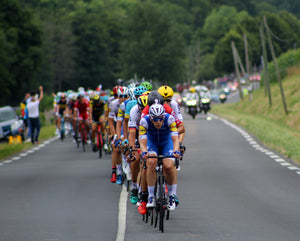 View from the front of a peloton of cyclists at the Tour de France