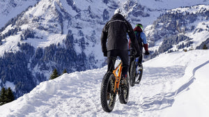 Two mountain bikers climbing up a snowy mountainside