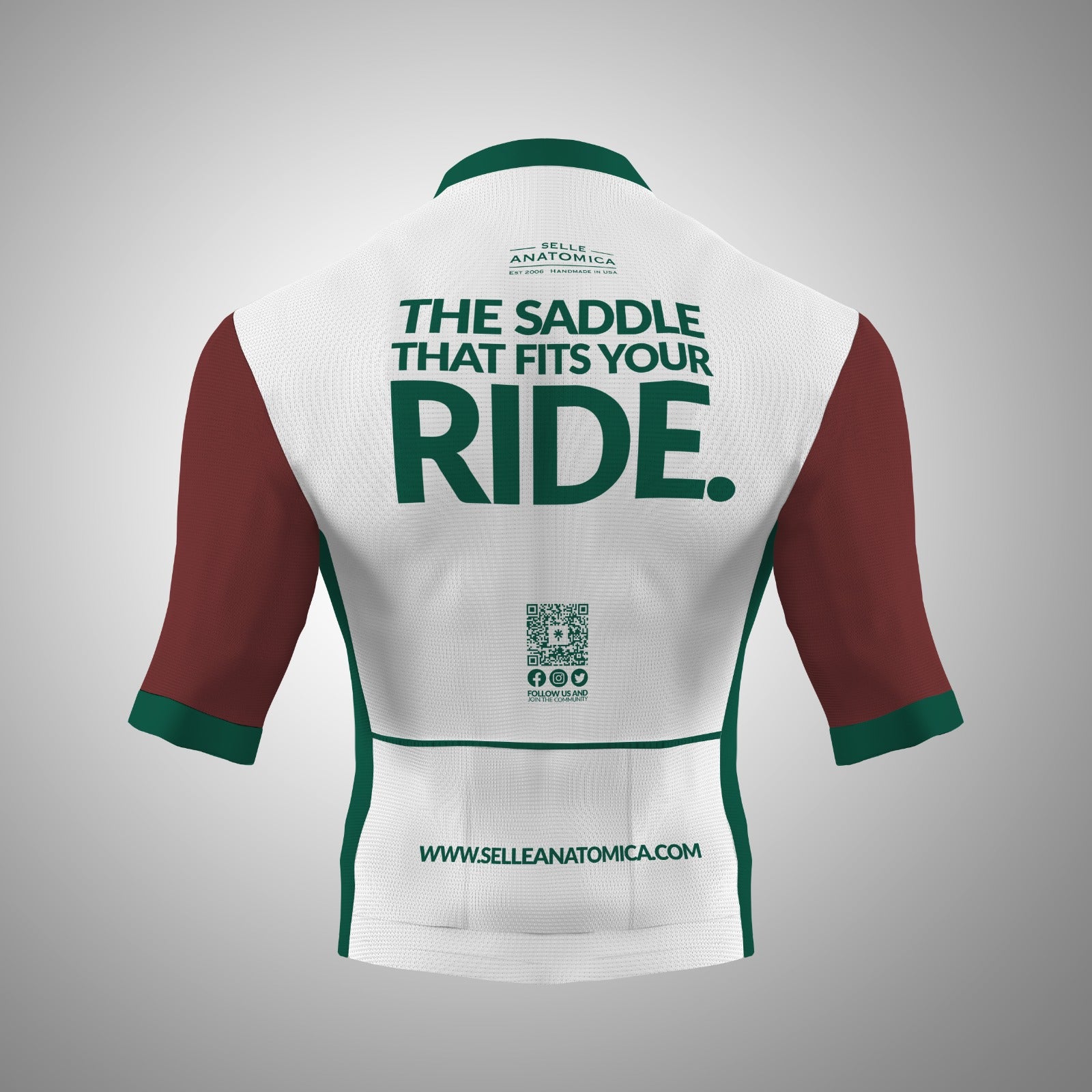 Road jersey in a mix of red, green, and white. It features Selle Anatomica branding, including large text that says 'The saddle that fits your ride.'