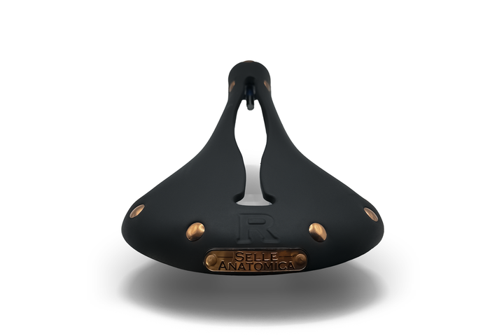 Rear view of the R1 black rubber bicycle saddle with copper rivets and Selle Anatomica name plate
