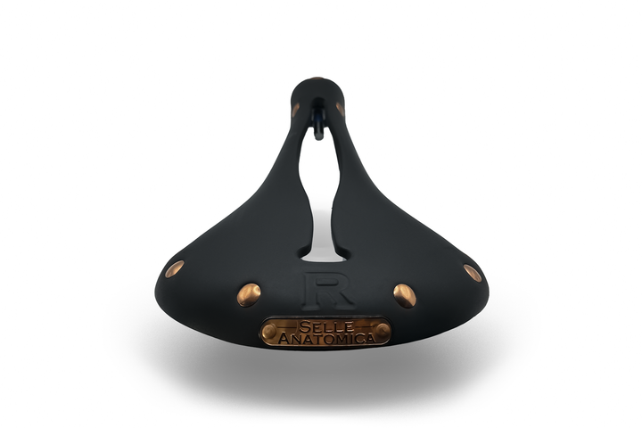 Rear view of the R1 black rubber bike seat with copper rivets and Selle Anatomica name plate