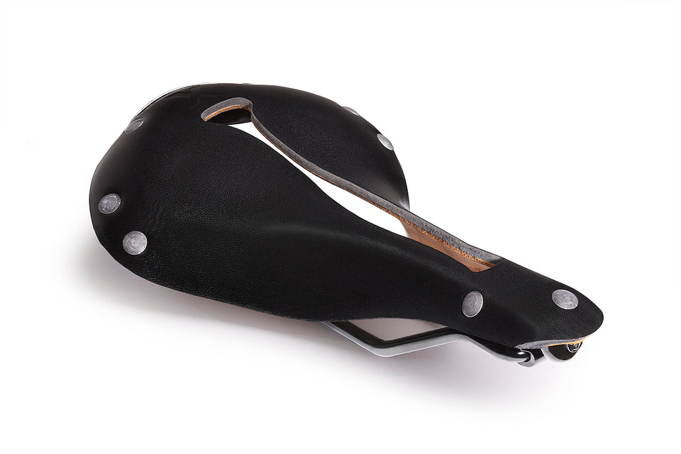 X1 bicycle saddle by Selle Anatomica colored black with gunmetal rivets