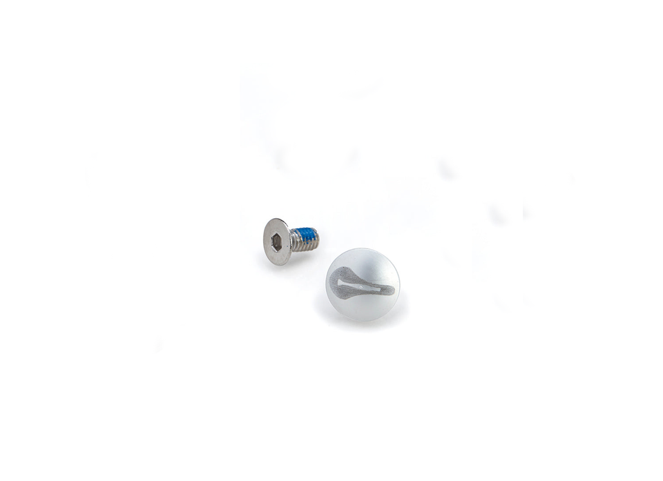 Chicago screw and silver chrome cap/rivet with Selle Anatomica bicycle saddle logo etched onto surface
