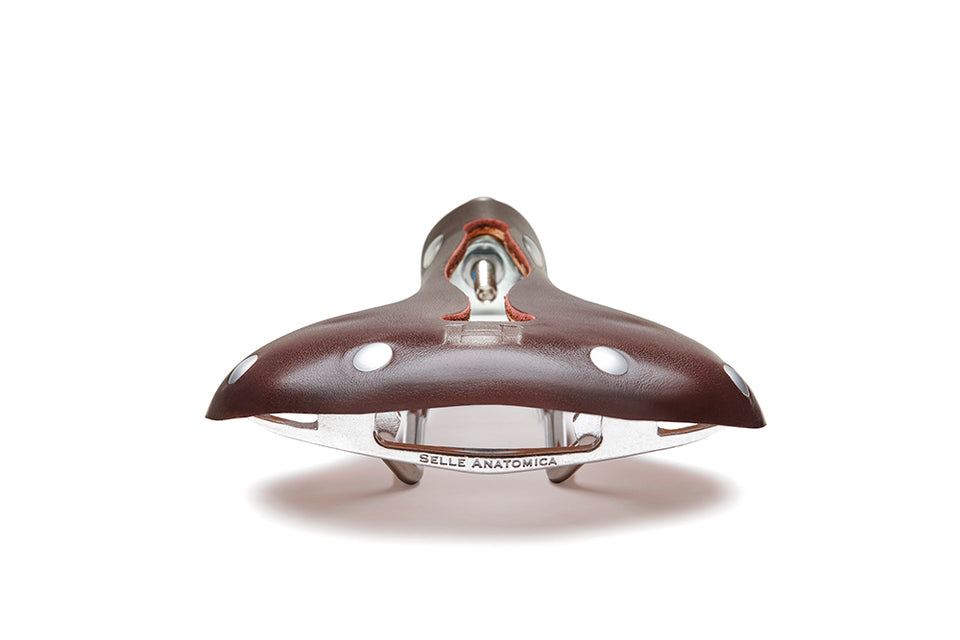 H2 bike saddle with oxblood leather and silver rivet details, seen from rear with Selle Anatomica logo on the frame