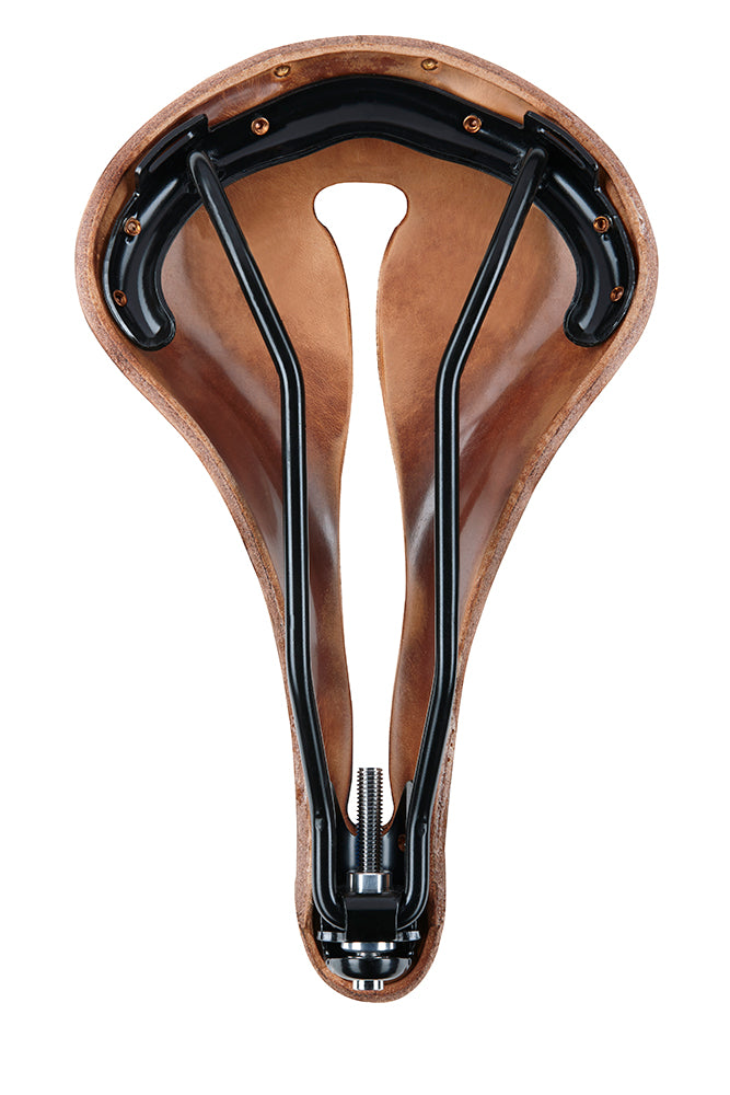 Underside of Selle Anatomica H1 bicycle saddle with chromoly steel frame and tool leather