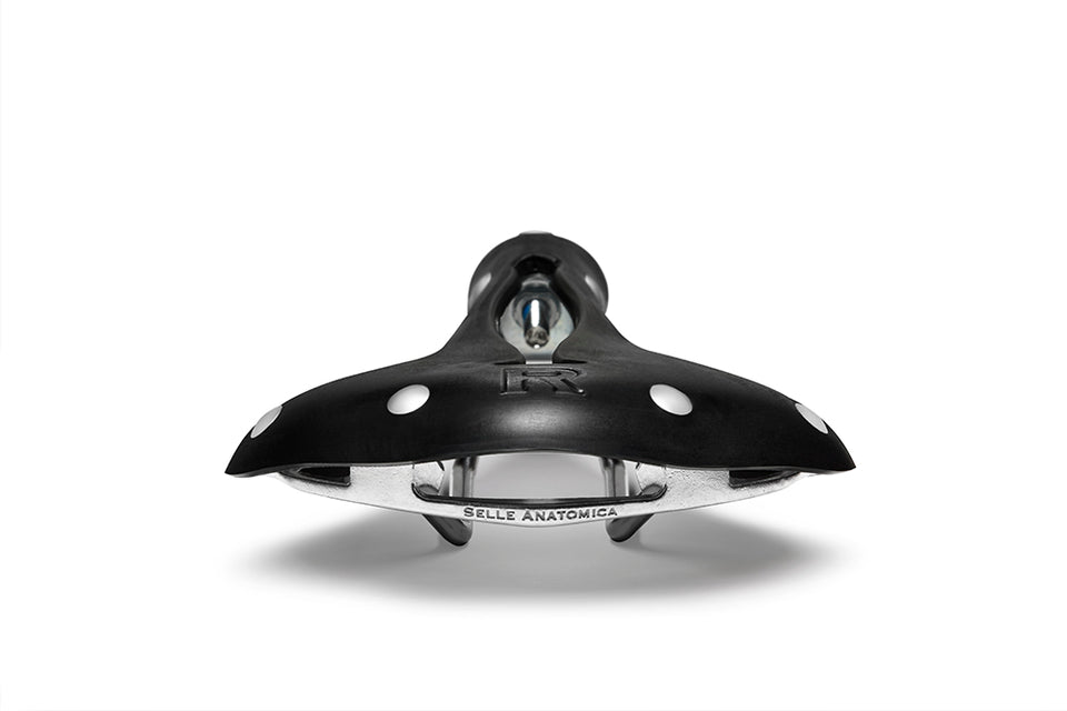 Rear view of Selle Anatomica R2 rubber saddle in black and silver color, showing off the Selle Anatomica logo on the stainless series 2 frame