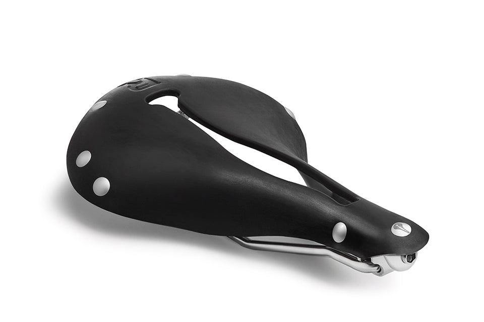 The Selle Anatomica R2 bike saddle with tensionable rubber top in black and silver accent rivets