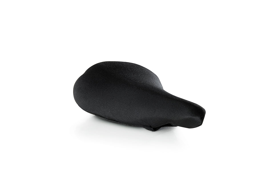 A black waterproof rain cover designed for a bicycle saddle