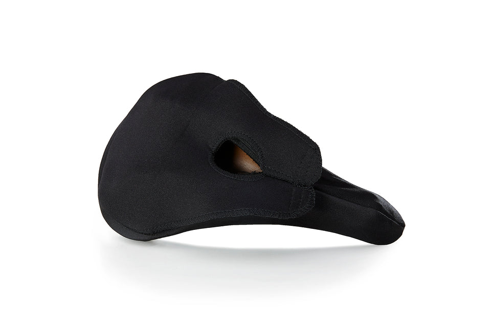 Underside of the waterproof bike saddle cover, showing the hole for the seatpost