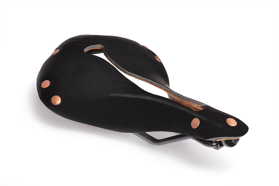 Selle X1 black leather bike saddle with copper rivets and Flex-Fly slot to relieve pressure while cycling