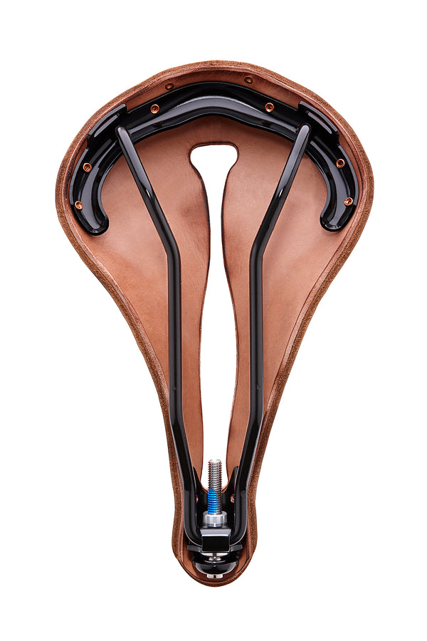 Underside of an X1 bike saddle, showing the series 1 chromoly frame